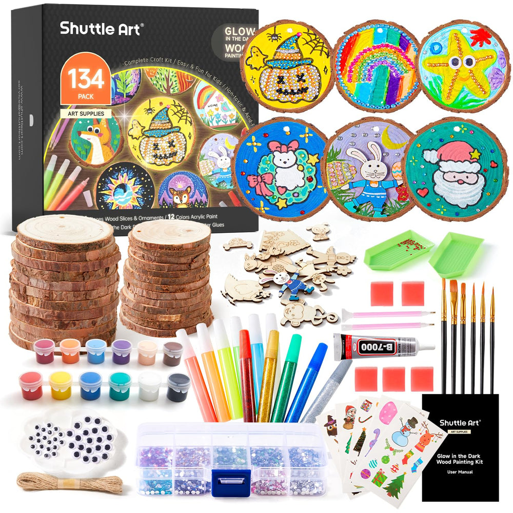 Shuttle Art kids wood painting kit with colors and brushes for creative play.