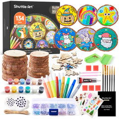 Shuttle Art kids wood painting kit with colors and brushes for creative play.