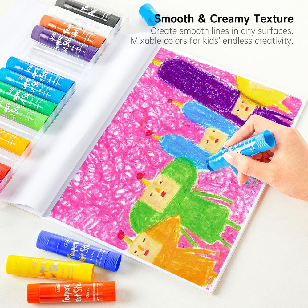 Shuttle Art Tempera Paint Sticks on wood surfaces producing durable, child-friendly crafts