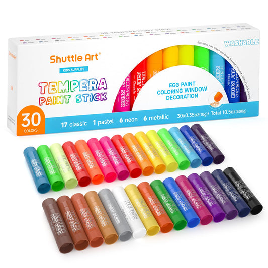 Shuttle Art tempera paint sticks showcase 30 colors arranged for vibrant creativity