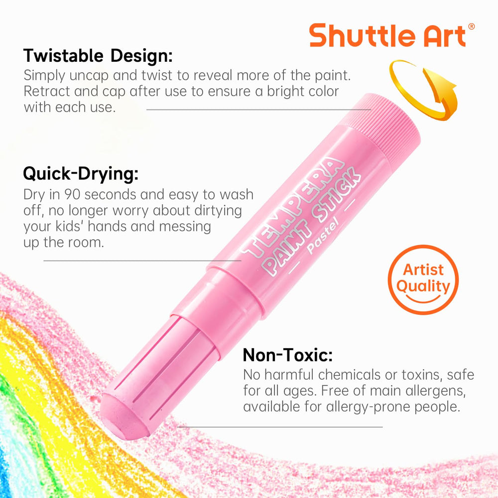 Shuttle Art tempera sticks are washable with soap and water on non-porous surfaces