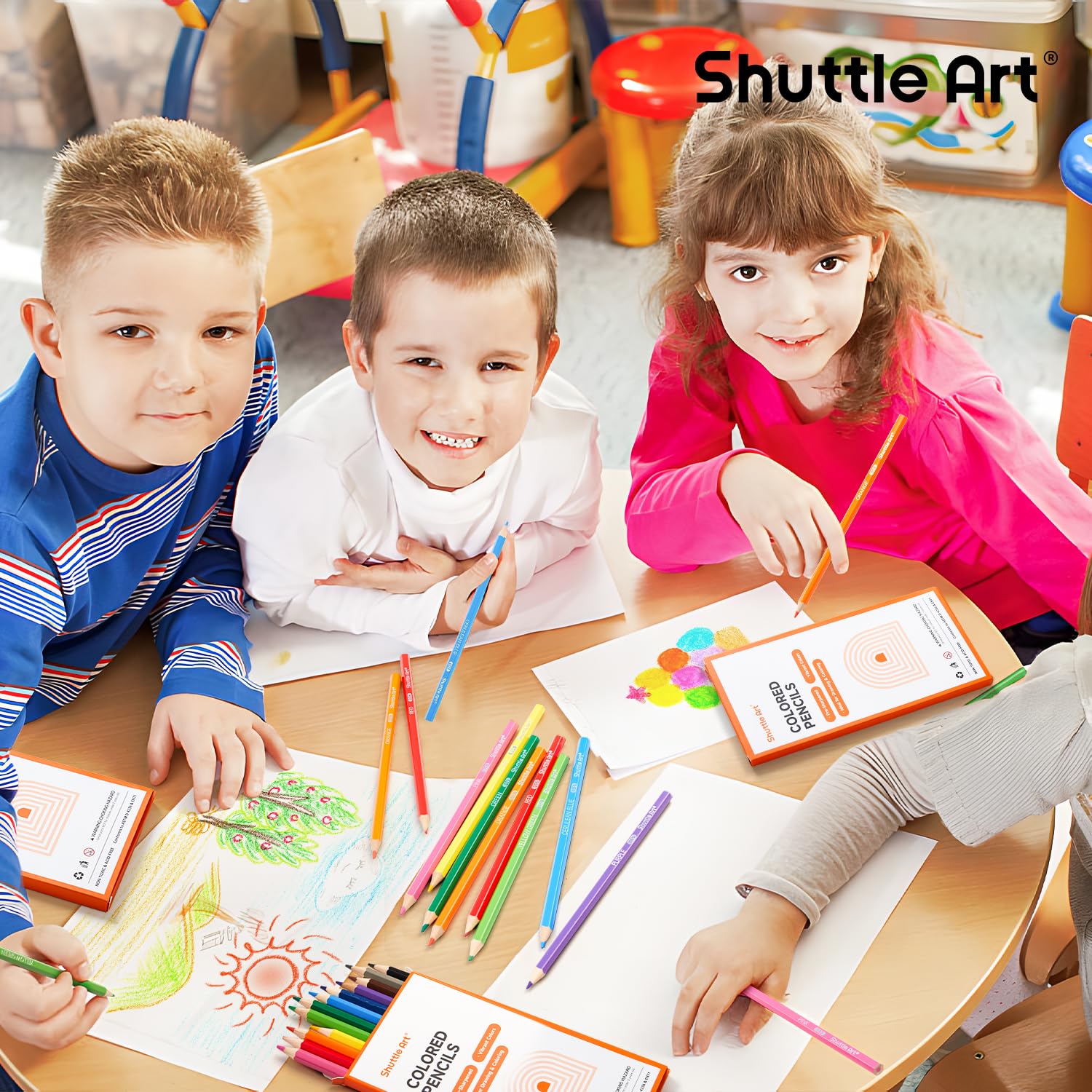 Shuttle Art twelve-color pencils classroom collection with vibrant, kid-friendly tones.