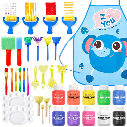 Shuttle Art Washable Finger Paint Set bottles in bright colors for easy cleanup