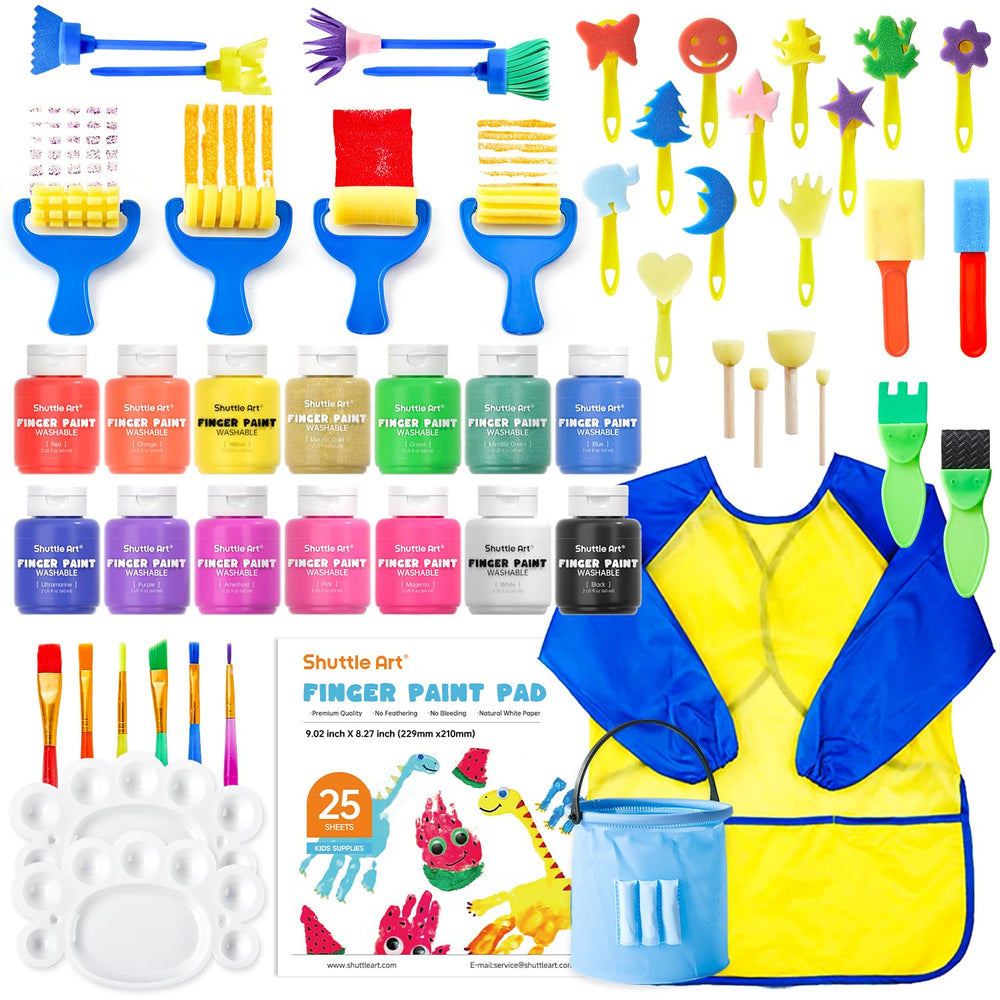 Shuttle Art washable finger paint set with 14 colors in bottles for mess-free art time