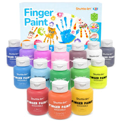 Shuttle Art washable finger paints in 15 colors for vivid, kid-safe art projects.