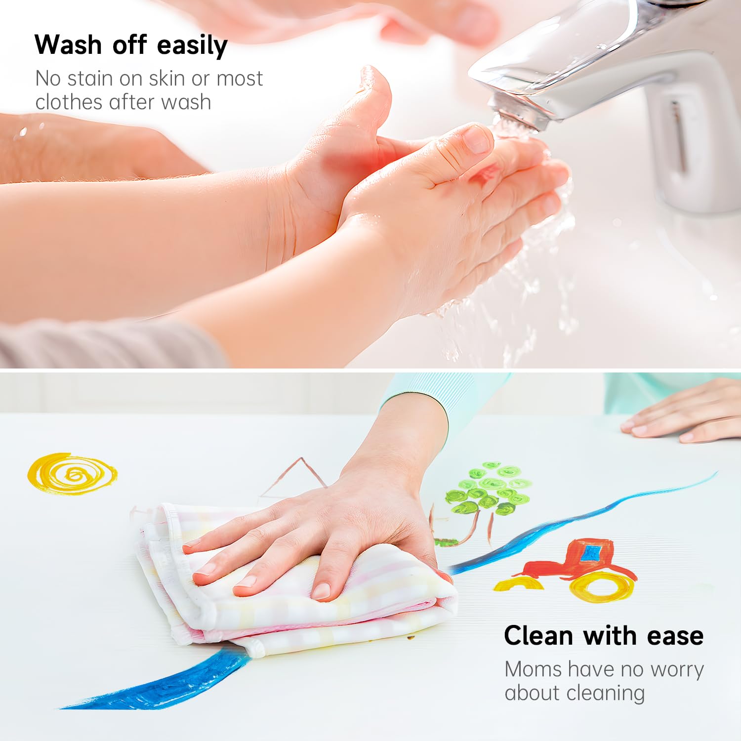 Shuttle Art washable paint cleans up easily from skin and fabrics