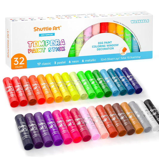 Shuttle Art tempera paint sticks with 32 colors for vibrant kids' art projects.