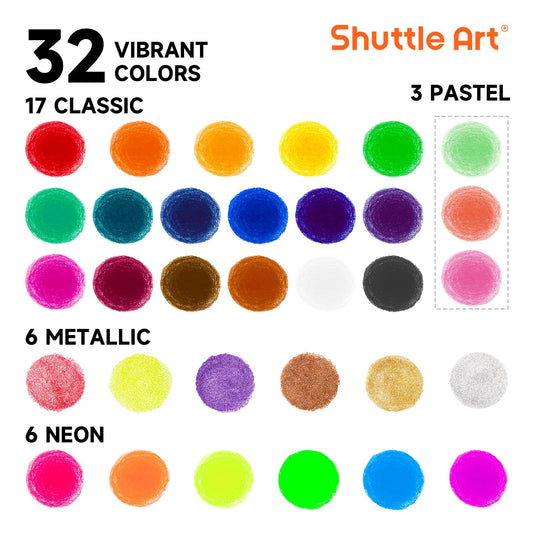 Shuttle Art tempera paint sticks showcase metallic colors for shiny craft accents.