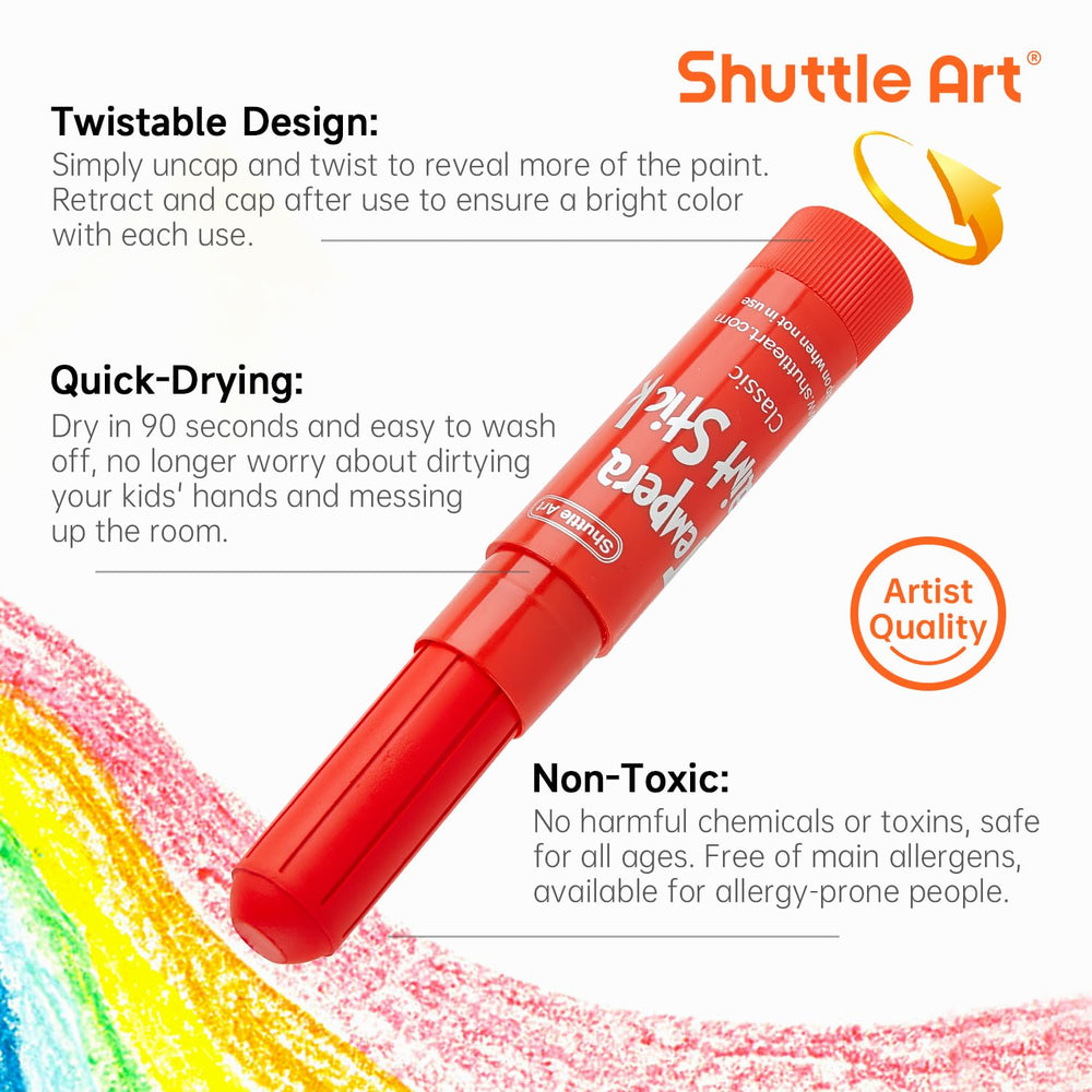 Shuttle Art tempera paint sticks feature twistable barrels for easy grip.