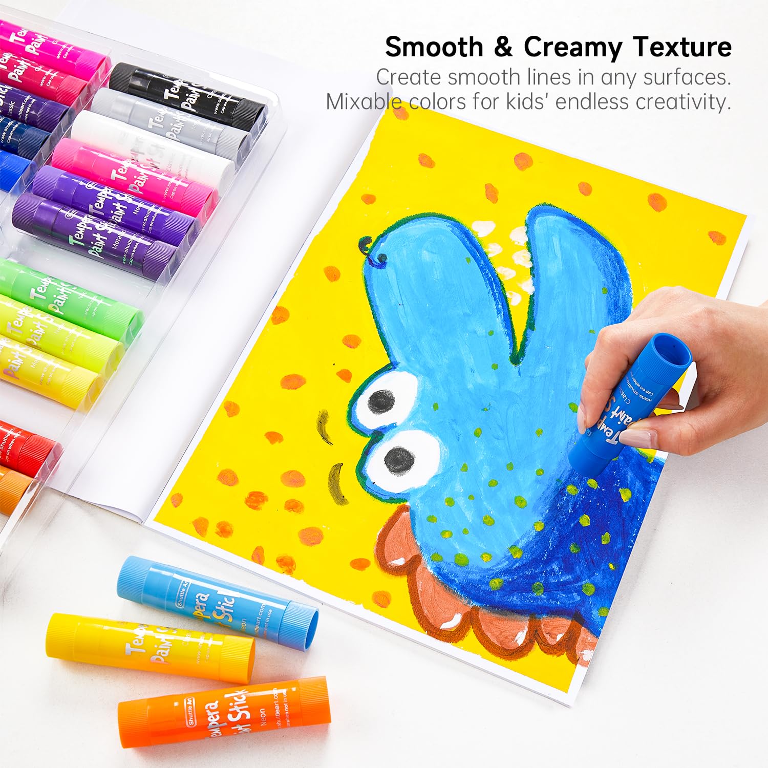 Shuttle Art tempera paint sticks are washable for quick cleanup.