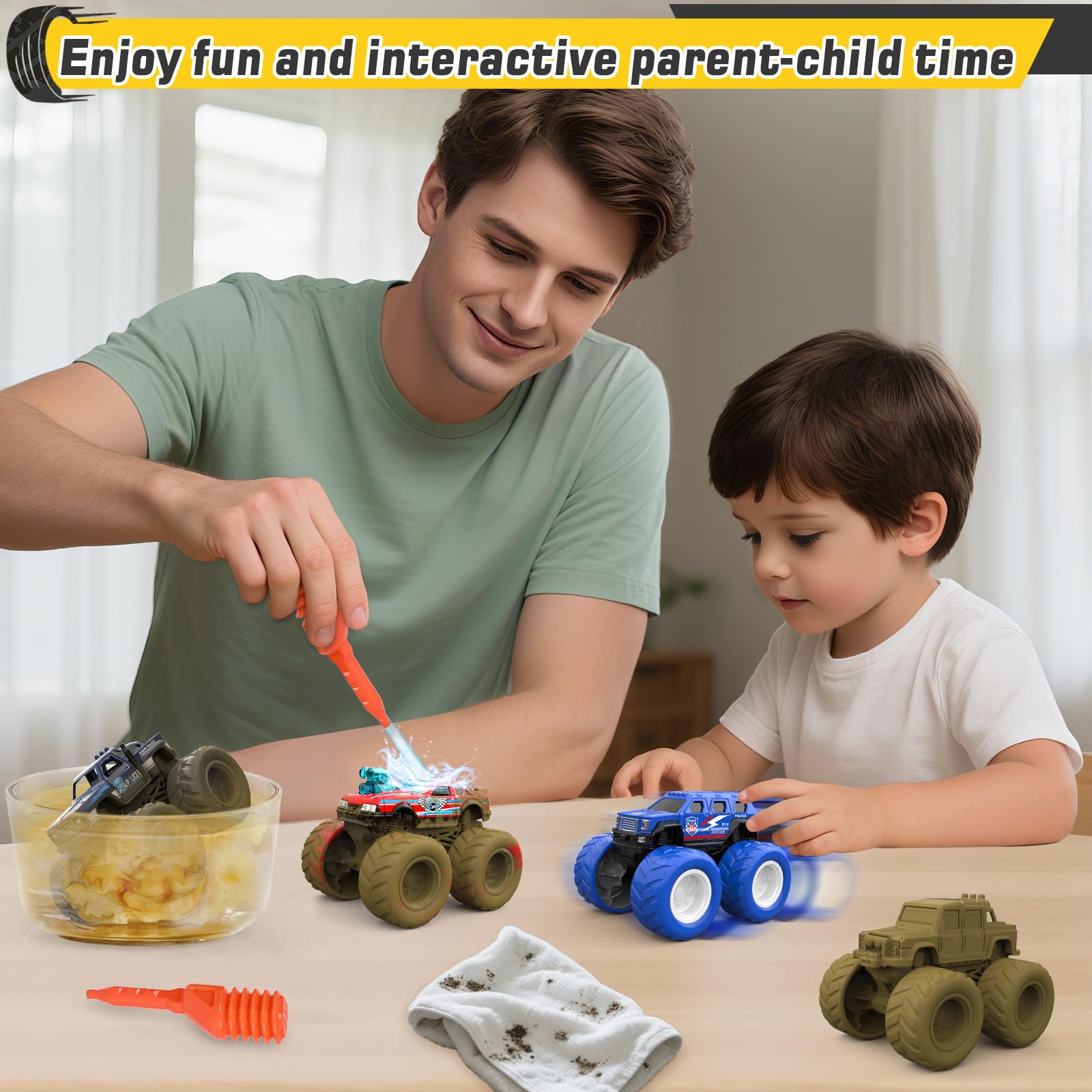 ShyLizard Monster Trucks play encourages hand-eye coordination during pushes and releases.