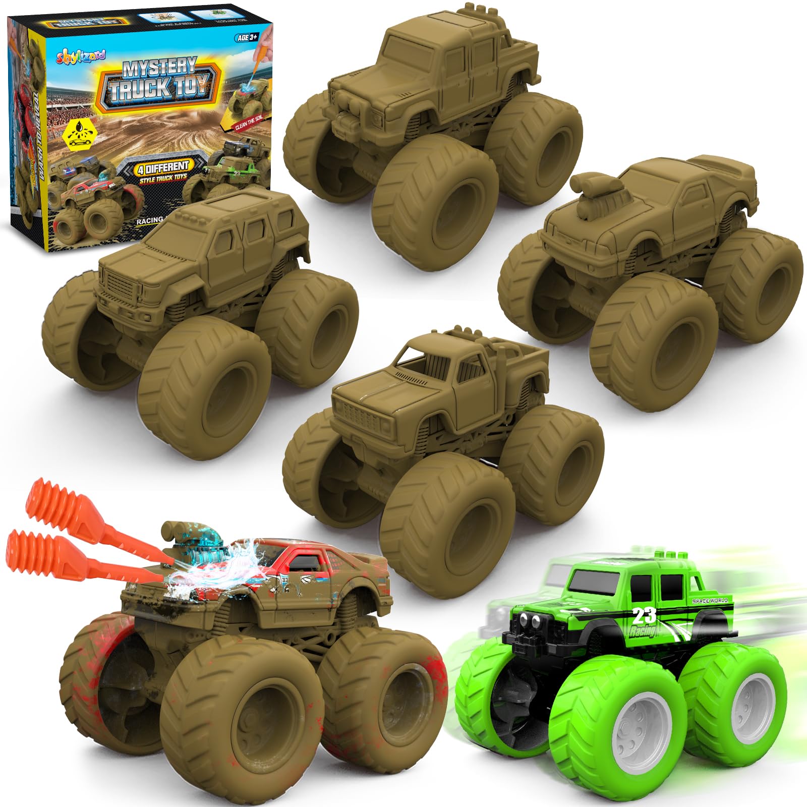 ShyLizard Monster Trucks 4-pack during wash reveal, colors emerge for active play.