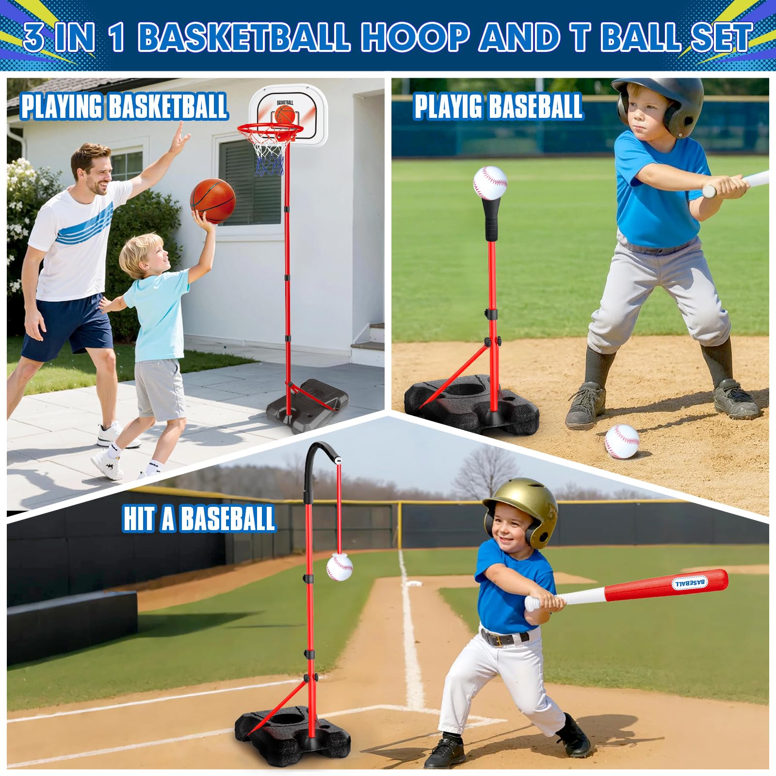 ShyLizard T-ball stand ready for batting practice with stretchable bat.