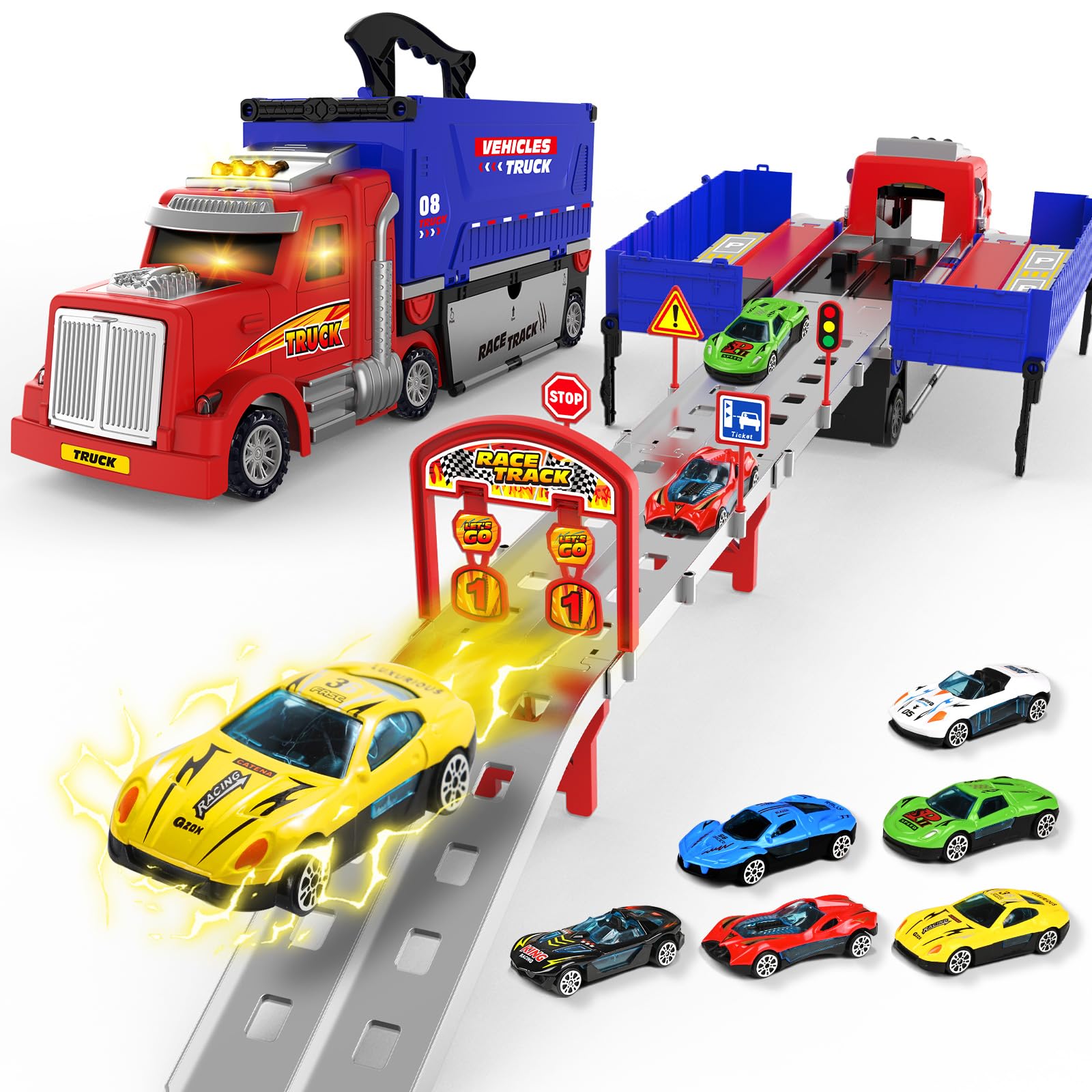 ShyLizard Carrier Truck race track set shown with bright lights and colorful cars for ages 3-8
