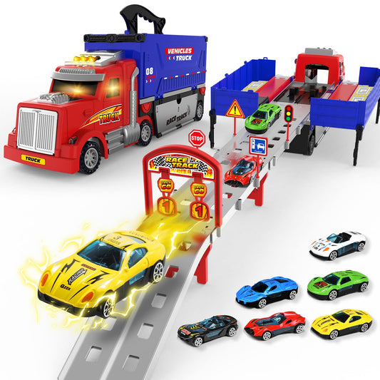 ShyLizard Carrier Truck race track set shown with bright lights and colorful cars for ages 3-8