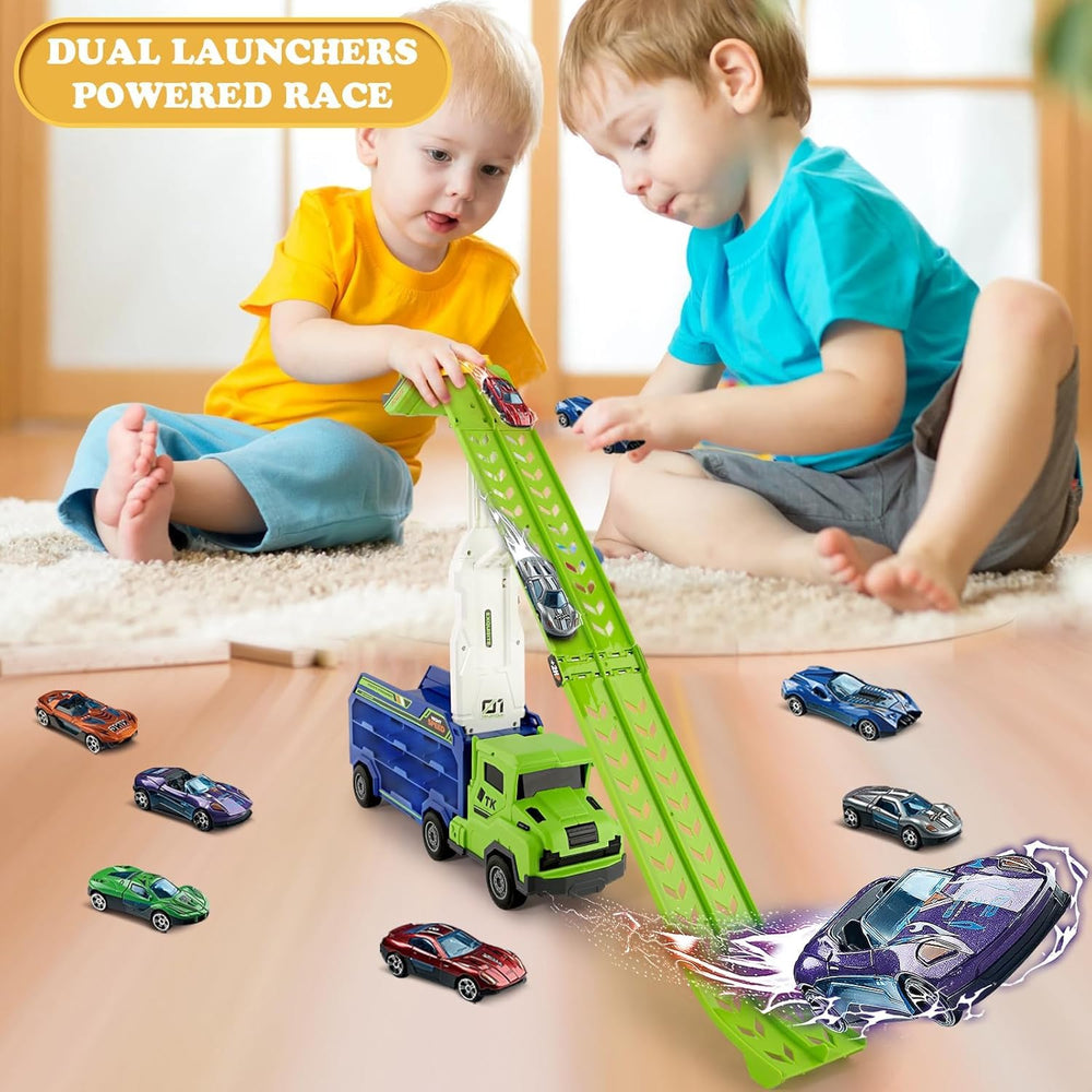 ShyLizard six die-cast race cars included for ready play.