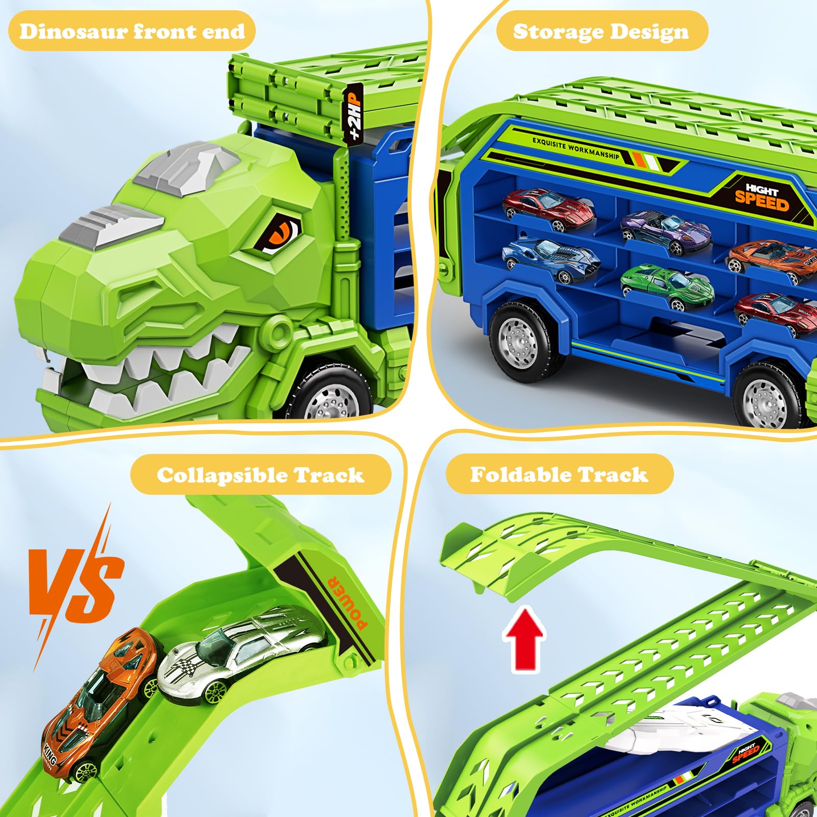 ShyLizard dinosaur carrier truck with foldable tower for realistic racing setup.