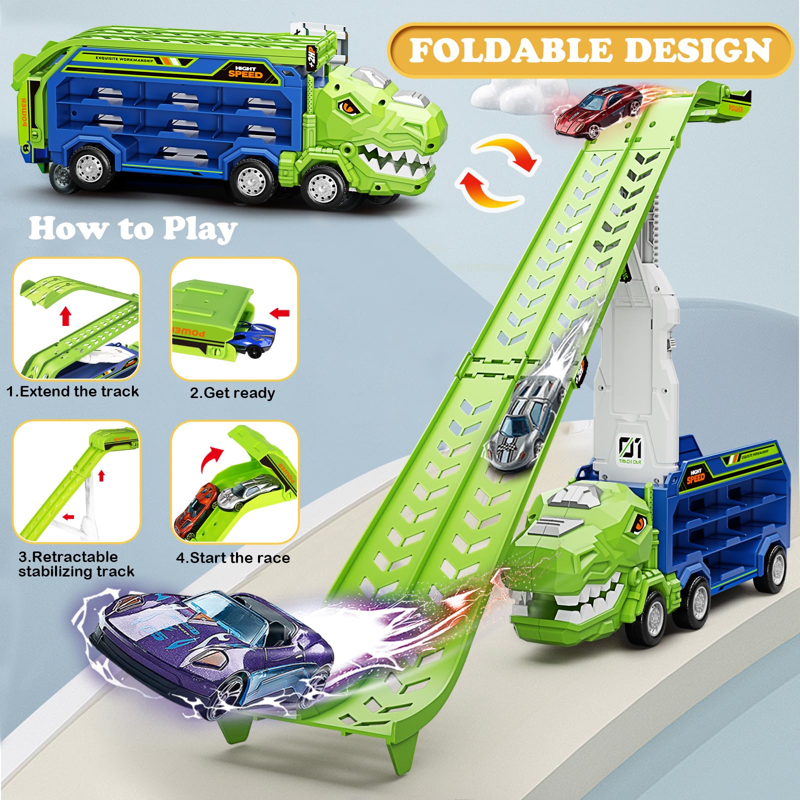 ShyLizard dinosaur carrier truck with storage cabins keeps cars organized during play.