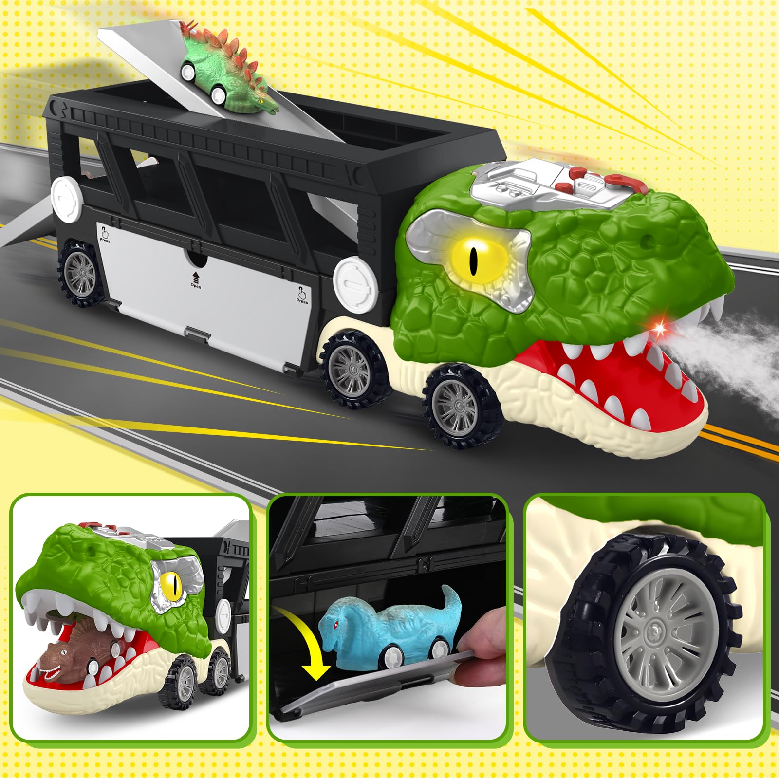 ShyLizard dinosaur-truck-lights-eyes enhances interactive pretend play with glowing eyes.