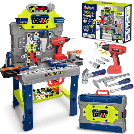 ShyLizard kids tool bench with realistic drill promoting imaginative construction play.