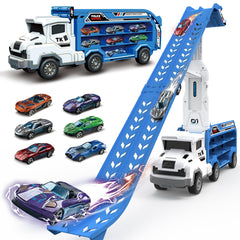 ShyLizard toddler car carrier truck with blue foldable track for versatile indoor and outdoor play.
