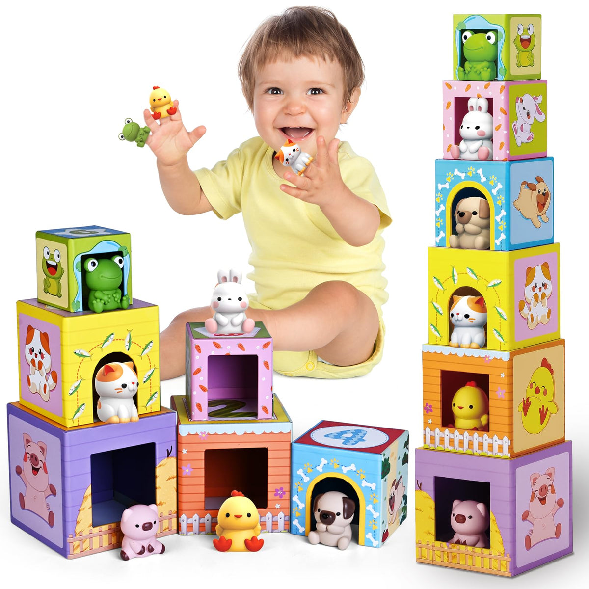 ShyLizard toddler farm animal sorting activity with colorful boxes