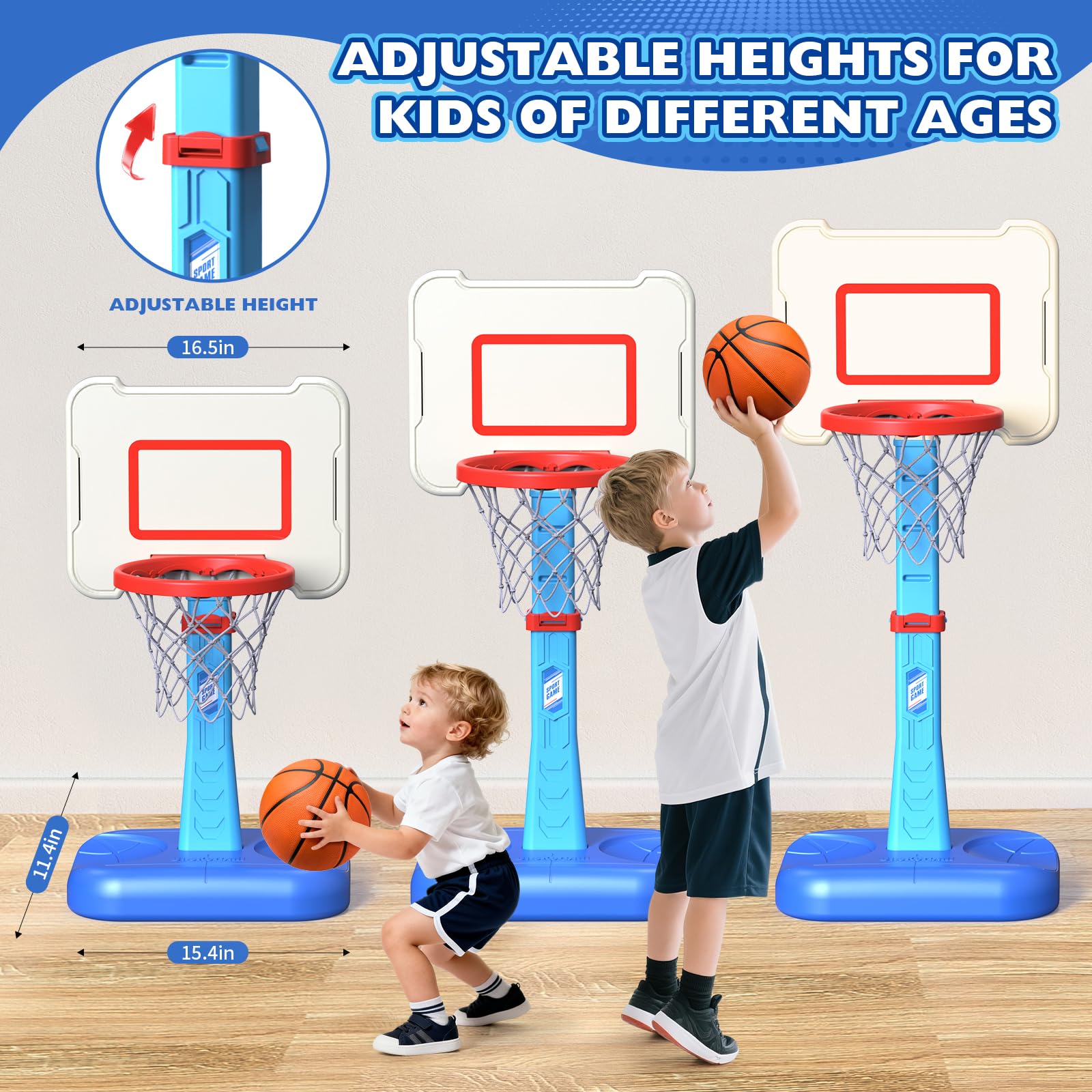 ShyLizard toddler hoop includes three inflatable balls for varied shooting practice.