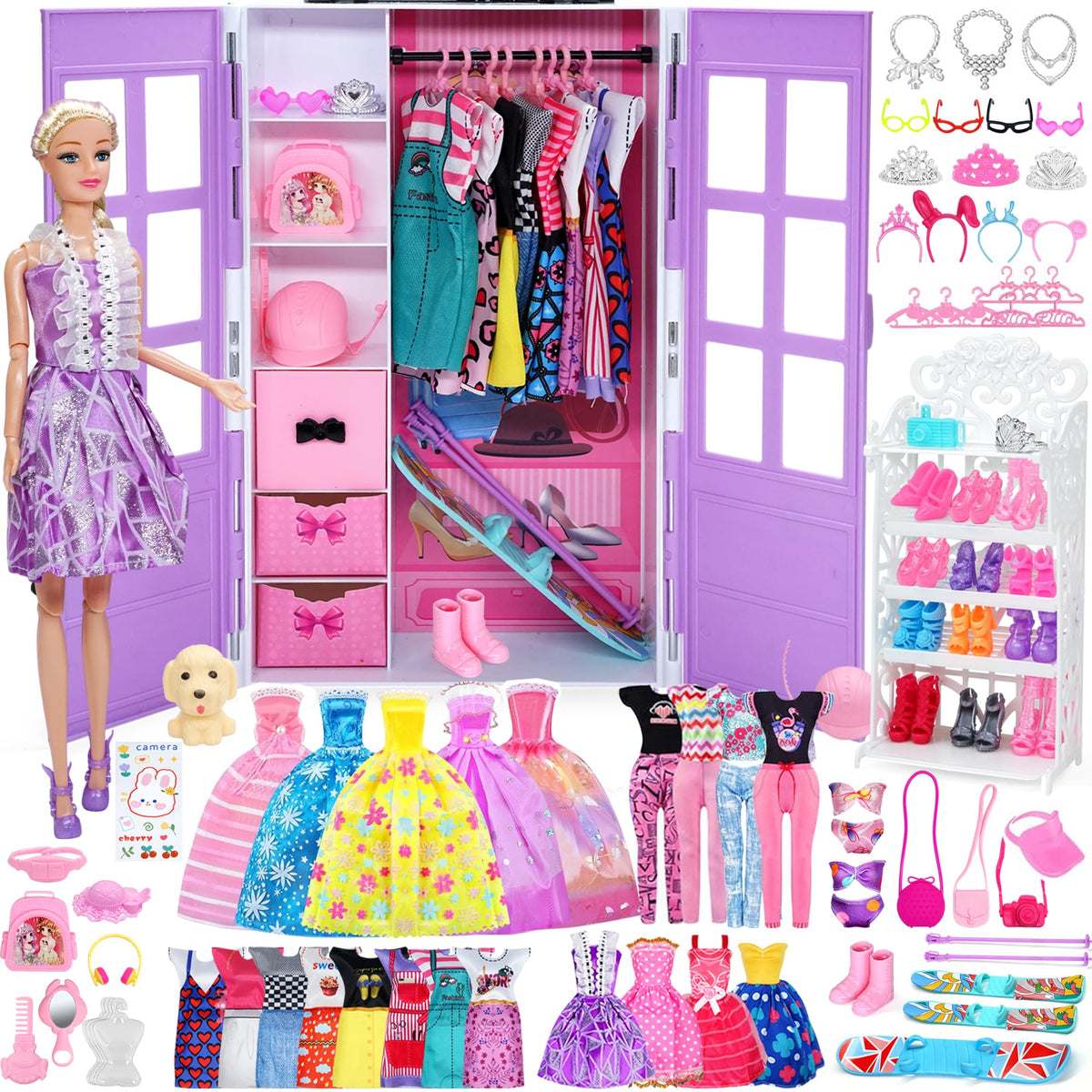 Sidola doll closet with 135 piece wardrobe set for organized dress-up play.