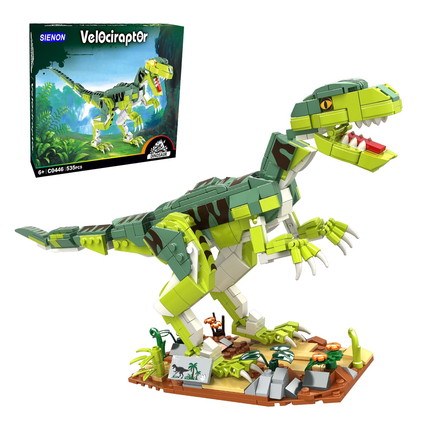 SIENON Velociraptor building toy unboxing shows 533 pieces for imaginative construction
