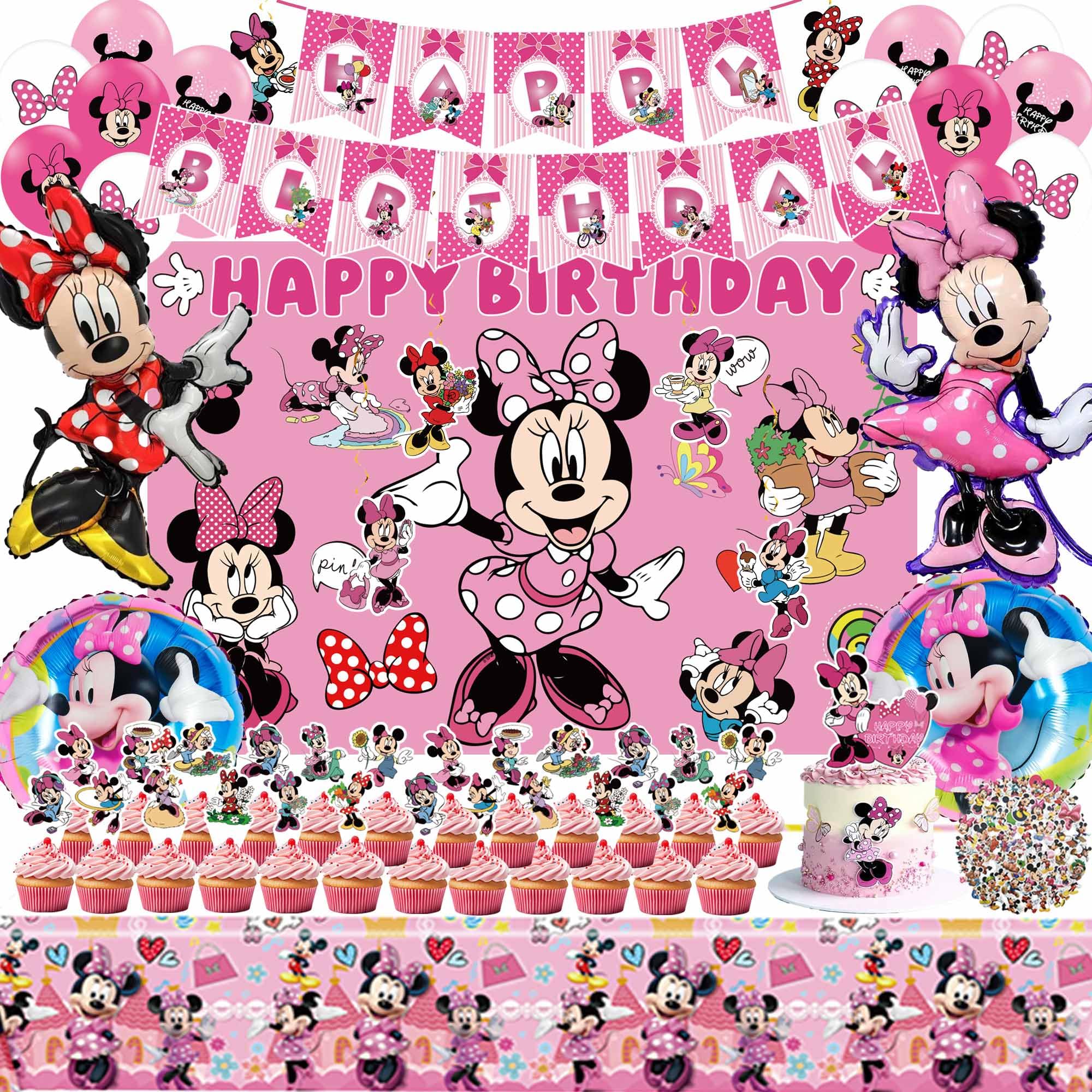 Signreen pink birthday banner brightens the cartoon party backdrop.