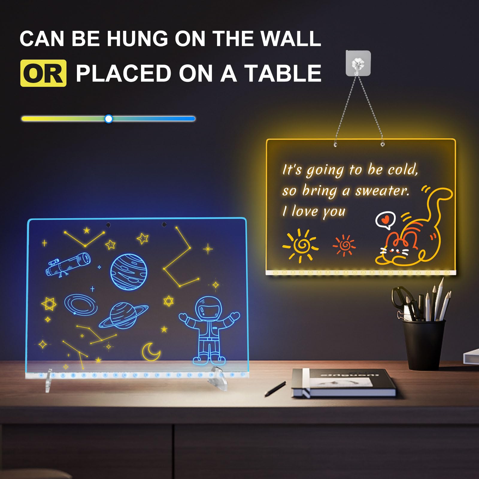 Signsxcel LED drawing board hanging kit setup on wall for decorative messages.