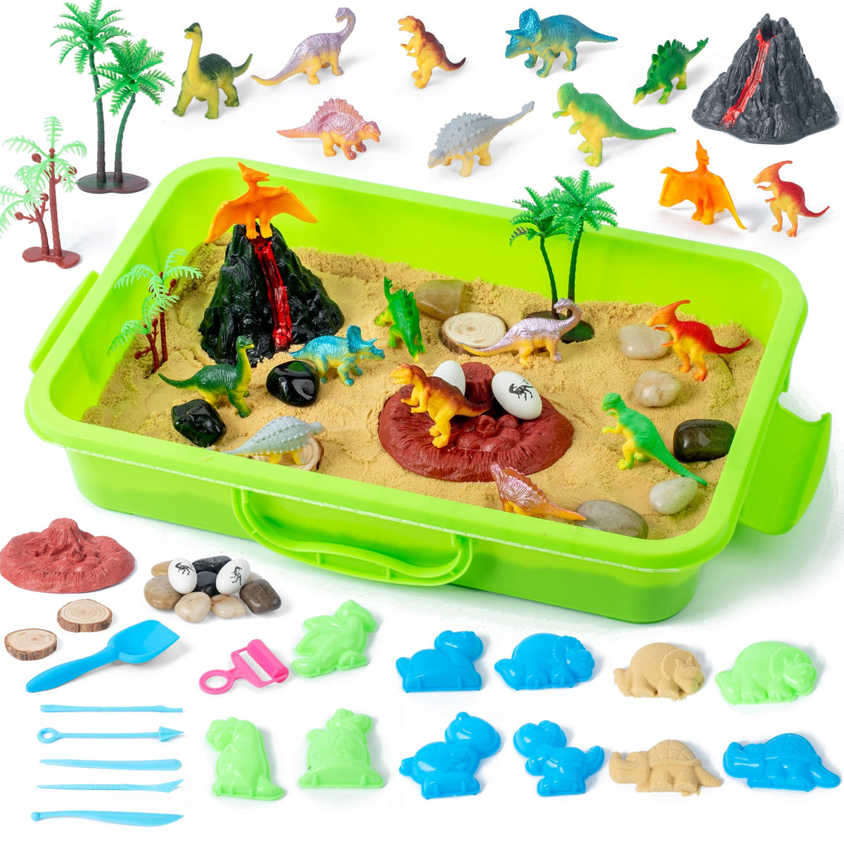 Sikmcle dinosaurs in the sensory bin for imaginative play and motor skills