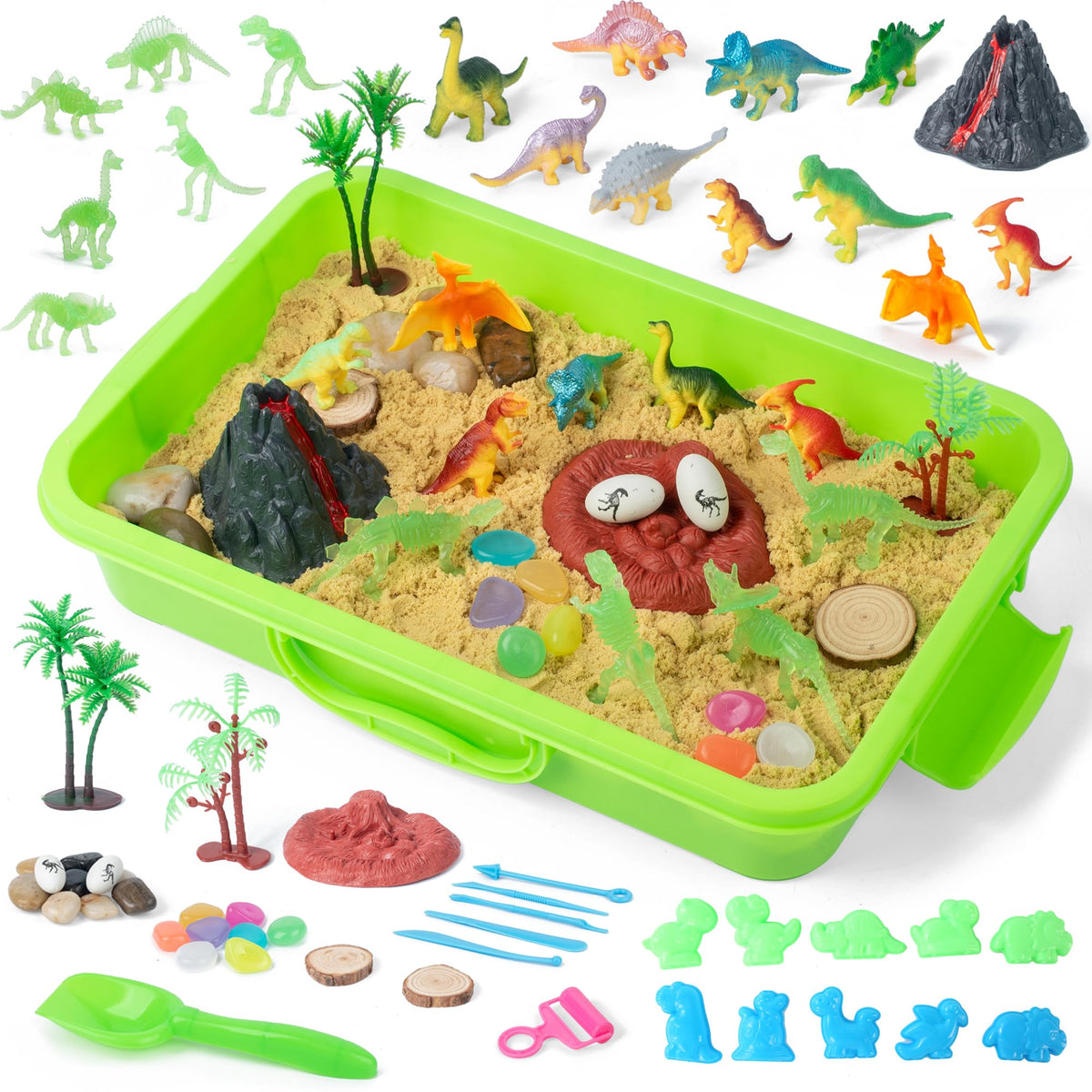 sikmcle Dinosaur Sensory Bin shows engaging tactile play with sand and dinosaurs