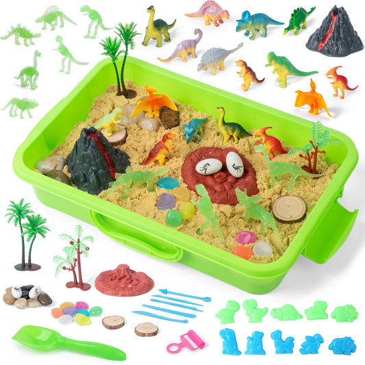 sikmcle Dinosaur Sensory Bin shows engaging tactile play with sand and dinosaurs