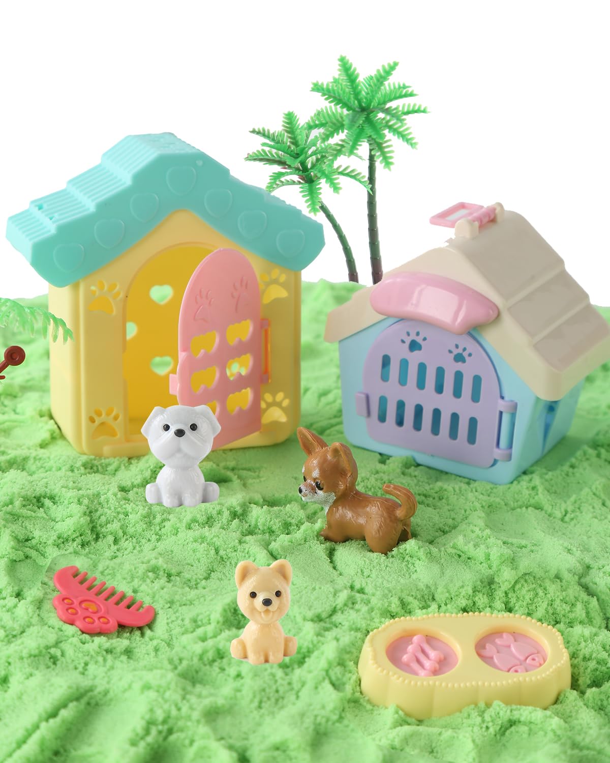 Sikmcle moldable sensory sand enables imaginative dog and cat play.