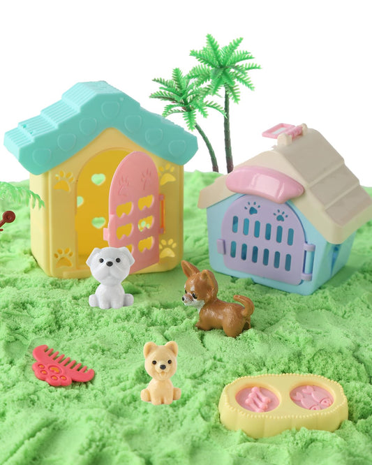 Sikmcle moldable sensory sand enables imaginative dog and cat play.