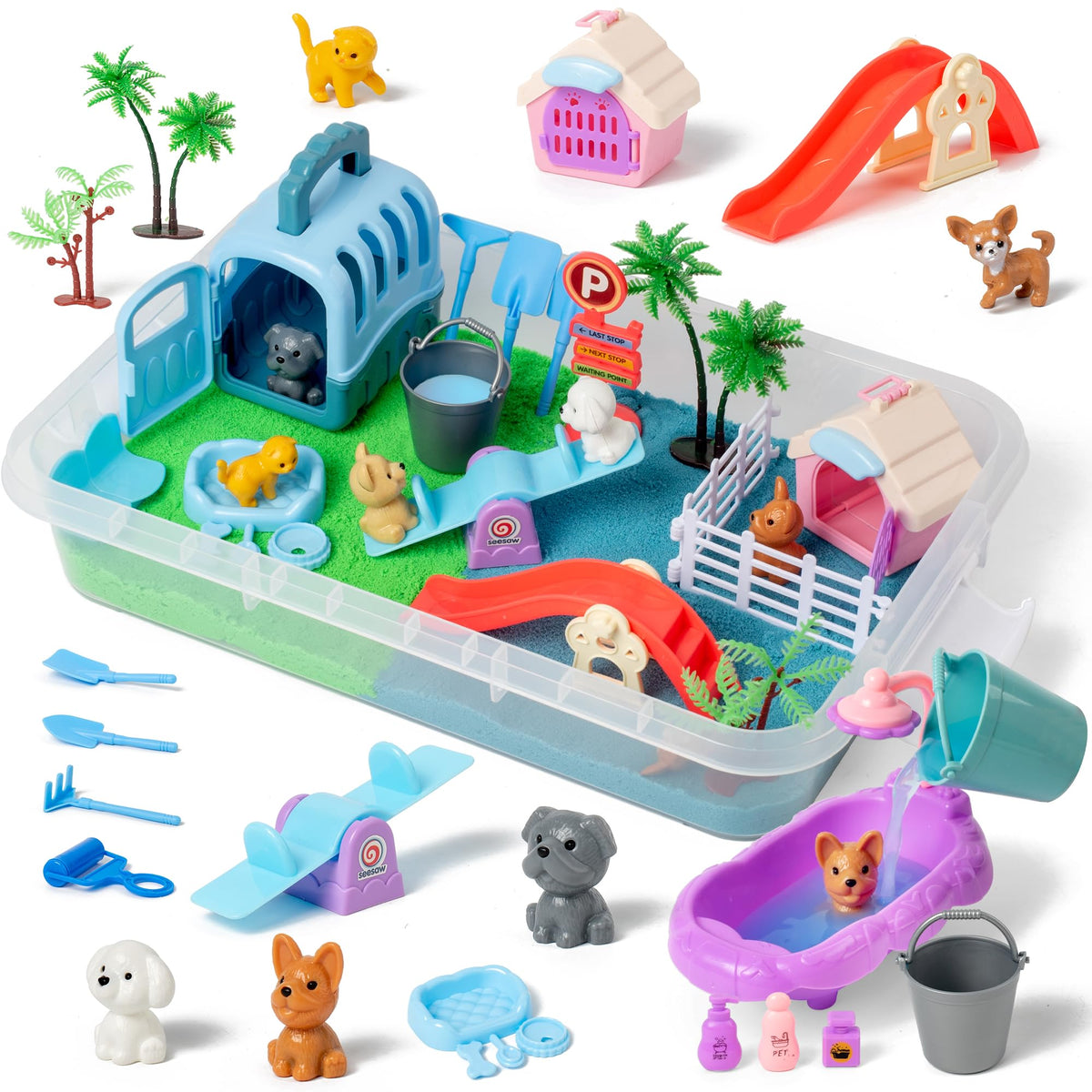 Sikmcle pet sensory bin with lid keeps play sand contained and mess-free.