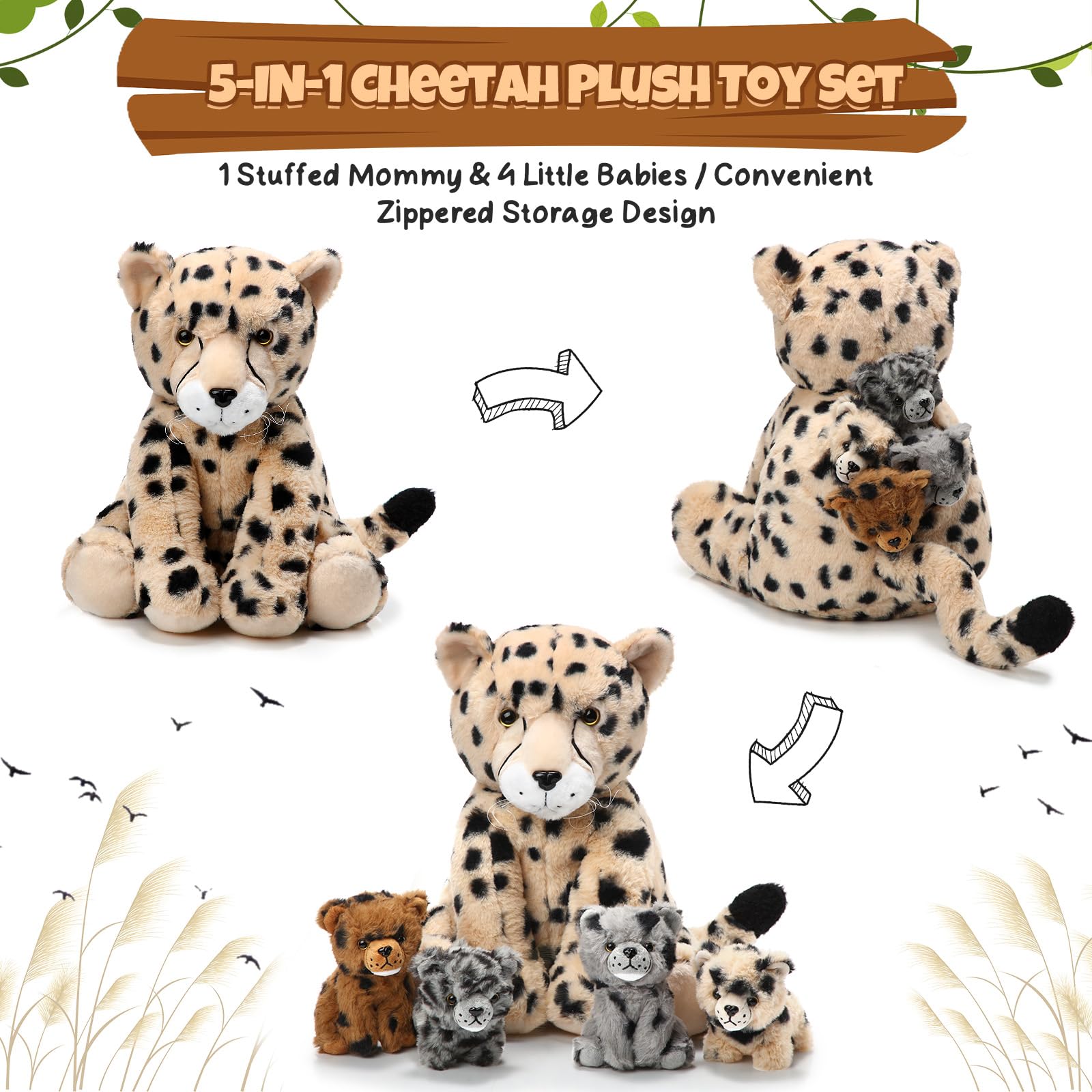 Silipull cheetah mom back features a zipper to tuck cubs for playtime.
