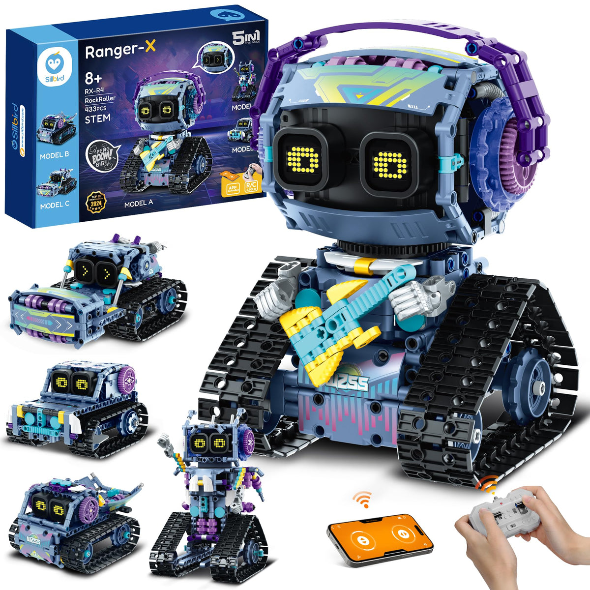 Sillbird 5-in-1 robot kit with 433 pieces for hands-on STEM learning.