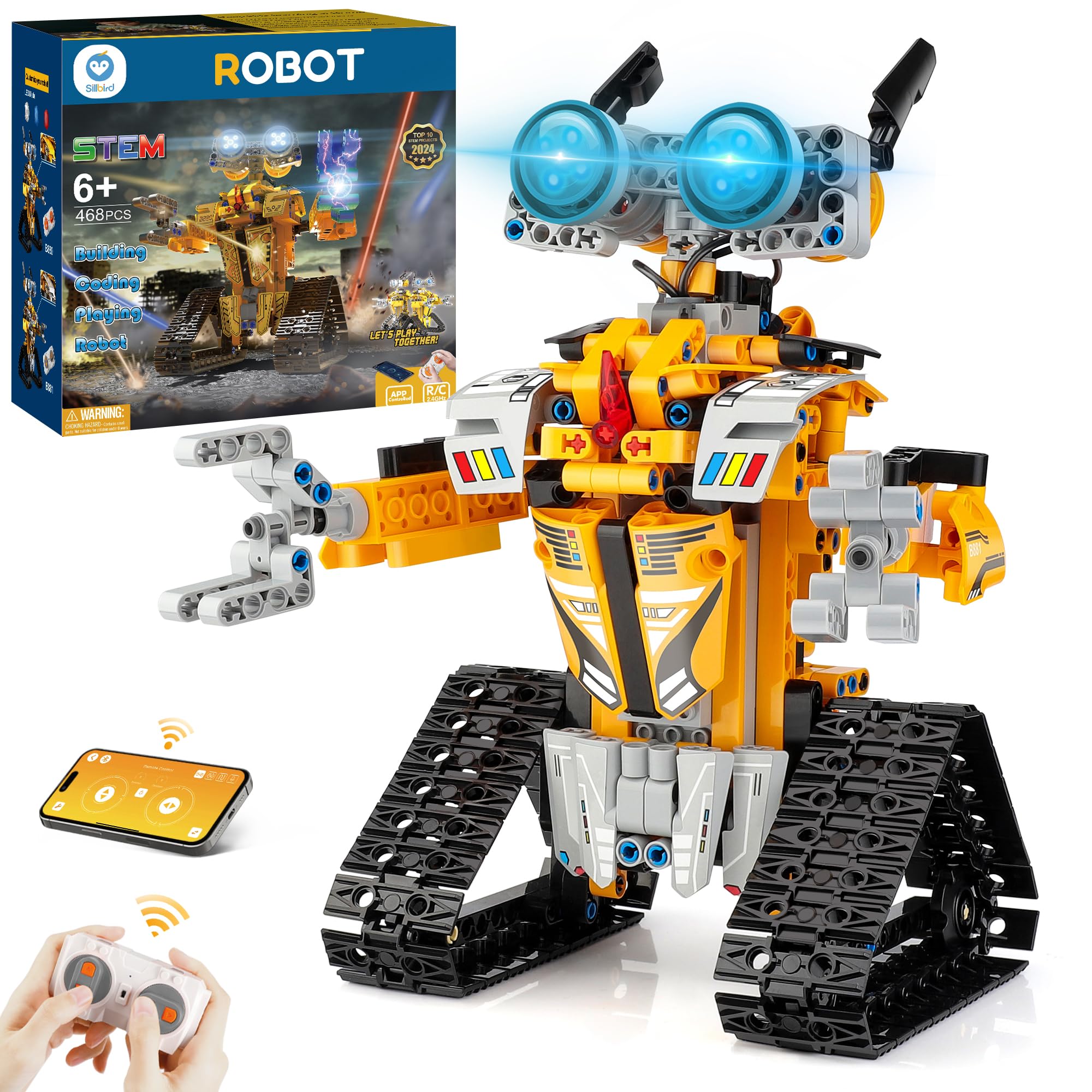 Sillbird robot building kit front view with friendly design for creative learning.