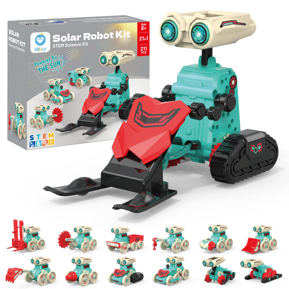 Sillbird Solar Robot Kit front packaging, a 21-in-1 STEM set for curious kids.