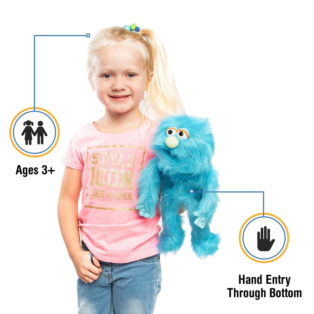 Silly Puppets blue monster puppet side view showing cuddly fur and child-friendly size