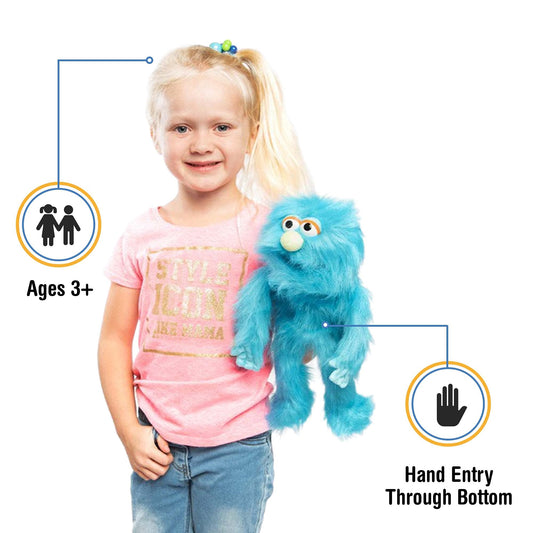 Silly Puppets blue monster puppet side view showing cuddly fur and child-friendly size
