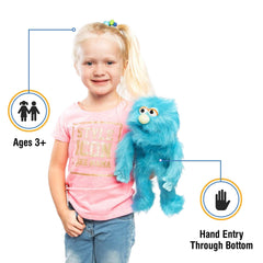 Silly Puppets blue monster puppet side view showing cuddly fur and child-friendly size