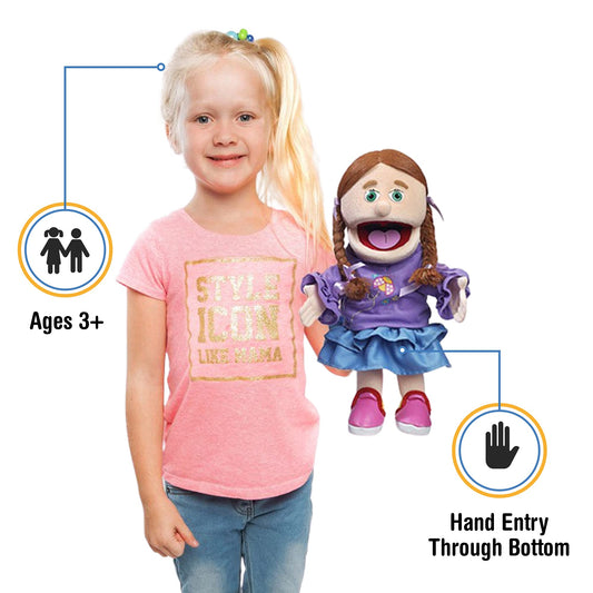 Silly Puppets Amy Peach Girl hand puppet showing moving mouth for expressive storytelling
