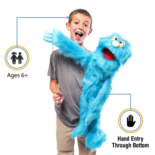 Silly Puppets blue monster puppet mouth movement enhances expressive ventriloquism.