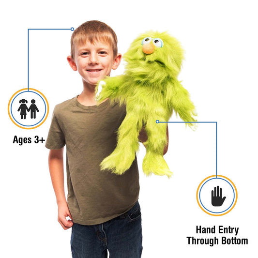 Silly Puppets Green Monster hand puppet side view showing movable arms