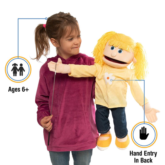Silly Puppets Katie Peach Girl arm control rod clipped to hand enables fluid operation.
