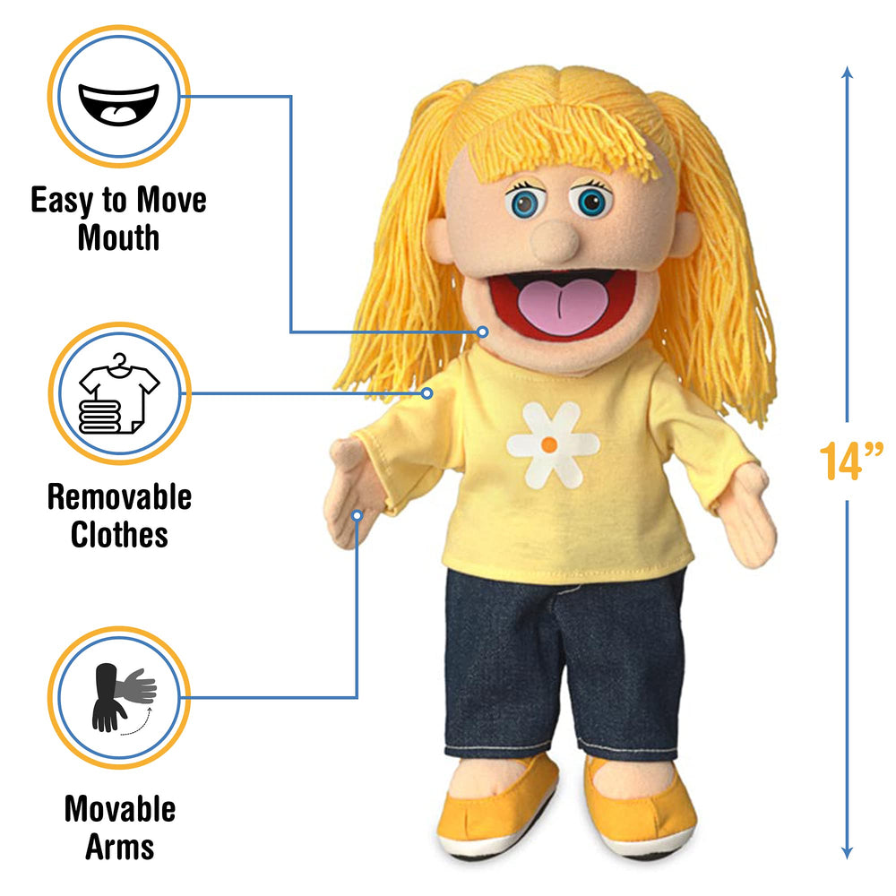 Silly Puppets Katie Peach Girl hands and mouth movement close-up for easy expressive control.