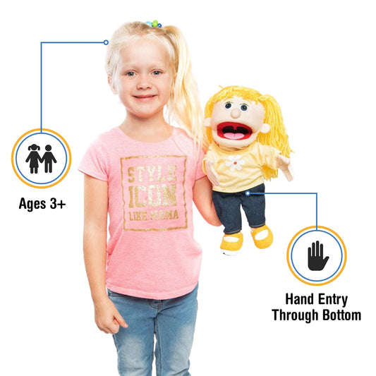 Silly Puppets Katie Peach Girl side shot highlighting removable clothes for dress-up fun.